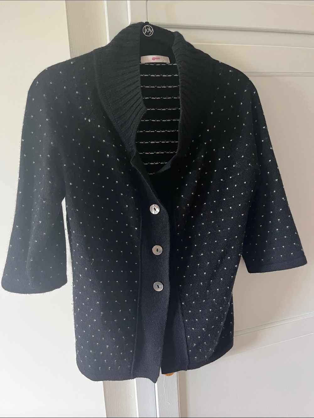 Leggiadro Black Shawl-Collar Button Cardigan with Silver Dot Detail